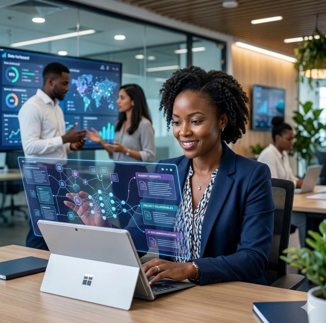 Une professionnelle africaine utilisant des solutions numériques et l’intelligence artificielle pour développer une entreprise.
