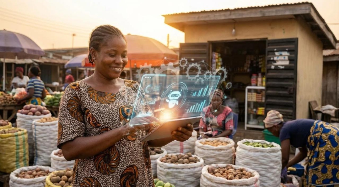 Femme commerçante africaine utilisant une tablette numérique sur un marché pour développer son activité grâce à la technologie