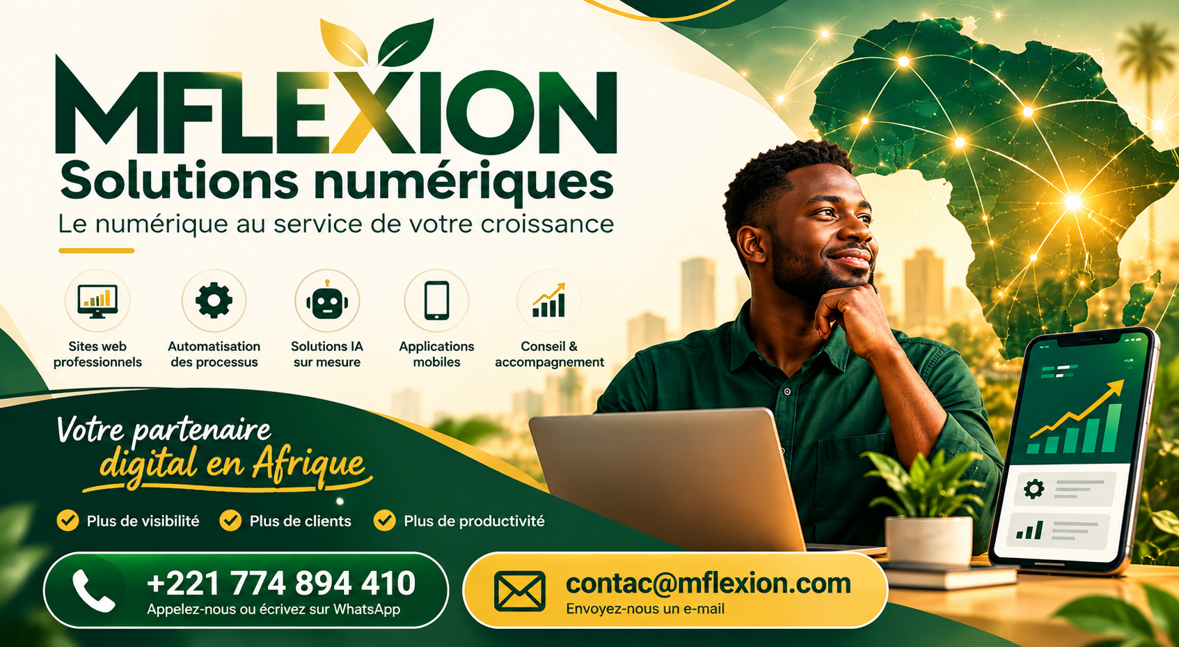 Bannière Mflexion Solutions numériques, services informatiques, automatisation et intelligence artificielle en Afrique.
